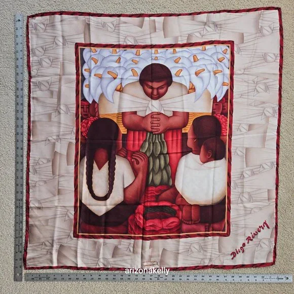 Pineda Covalin Silk Scarf Diego Rivero Mexico Hand Rolled Art - Picture 4 of 10